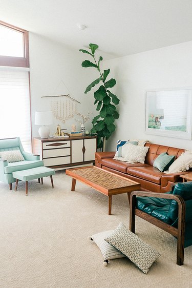 white living room with midcentury decor