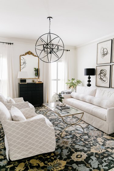 black and white living room with white furniture