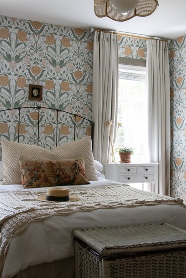 floral wallpaper in vintage bedroom