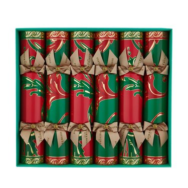 six red and green christmas crackers