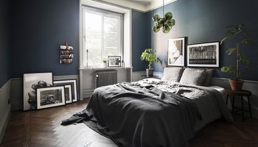 gray and navy blue bedroom