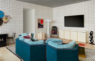 80s themed room with geometric shaped furniture