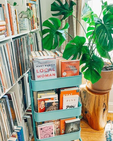 Mint green book cart pushed against a plant