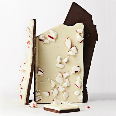 An up-close image of peppermint bark on a white background.