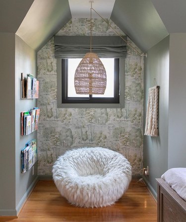 Reading nook with shag chair and rattan lamp