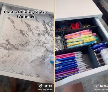 Split screen of a desk drawer lined with grey marbled paper and a desk drawer filled with organized office supplies