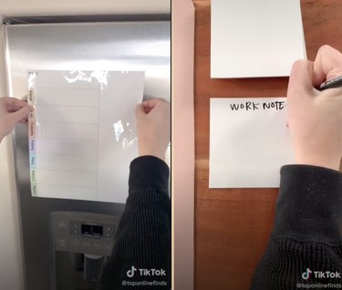 Split screen of adhesive dry erase squares being used on a refrigerator and for taking notes