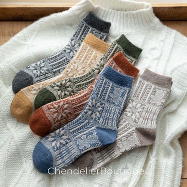 Chendelier Boutique Maple Leaf Wool Socks on display for Etsy