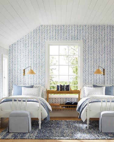 blue and white room with two twin beds and matching poufs