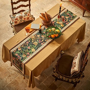 Kitchen table setting with William Morris Flower Garden Table Runner from Nabis Fabric