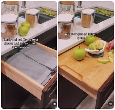 Place a cutting board on top of a drawer for more counter space