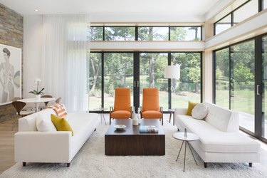 modern living room with large doors and clerestory windows