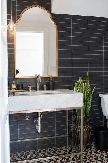 bathroom with dark tile walls and bright green plant