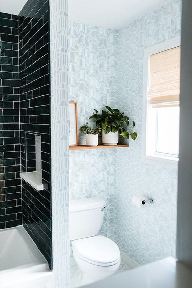 bathroom with shelf of plants over the toilet