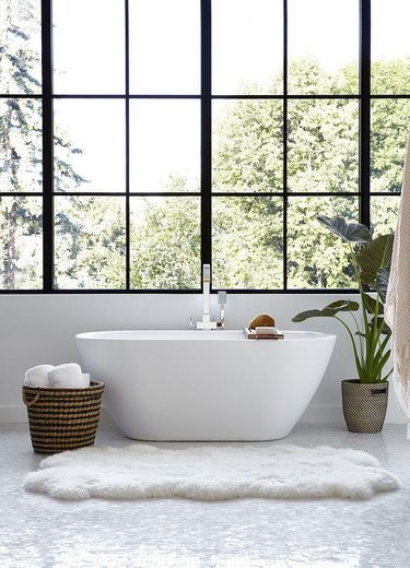 bathroom with plant beside the tub