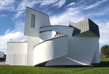 A uniquely shaped white building