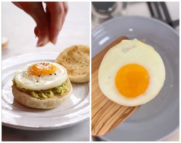 On the left is a hand sprinkling seasoning onto an open-faced egg sandwich with avocado on an English muffin. On the right is a wooden spatula holding up a perfectly round cooked egg over a gray skillet.