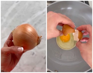 On the left is a hand holding an onion. On the right are hands cracking an egg into an onion ring that is sitting in a hot skillet.