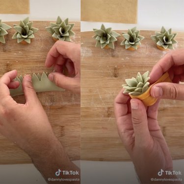 two screenshots of a tiktok video showing a person making succulent-shaped pasta