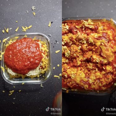 two screenshots of a tiktok video showing a person making ramen lasagna