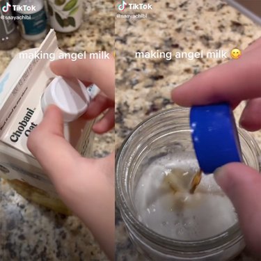 two screenshots of tiktok video showing a person making angel milk