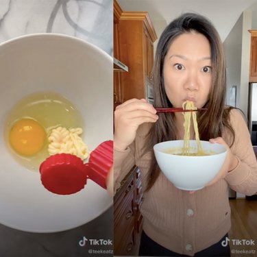 two tiktok screenshots showing an egg and mayo and a person eating creamy ramen