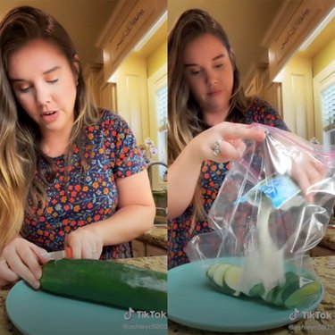 two screenshots of a tiktok video showing a person making cucumbers with ranch seasoning