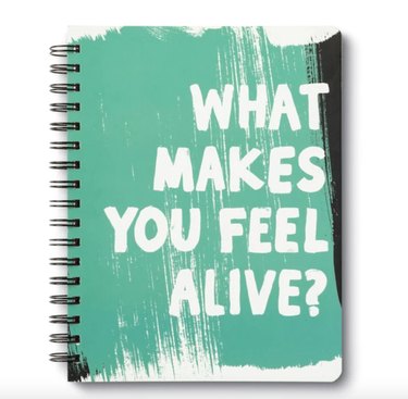 light green notebook with text that reads "what makes you feel alive?"
