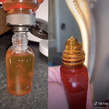 two screenshots of a person holding a honey bottle