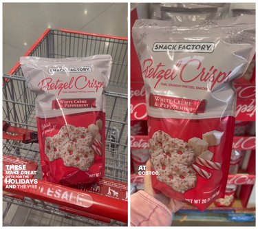 A side by side of white chocolate peppermint pretzel chips from Costco.