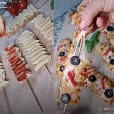 two screenshots of a tiktok video showing a person making pasta skewers