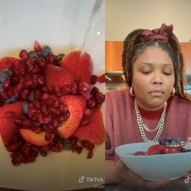two screenshots of a tiktok video showing fruit in a bowl and Lizzo near a bowl with fruit