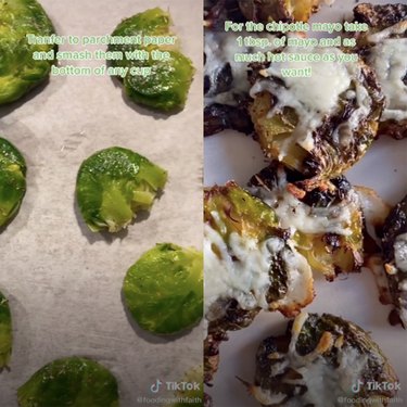 two screenshots of a tiktok video showing brussels sprouts