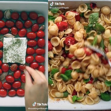two screenshots of a tiktok showing a person making baked feta pasta