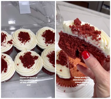 A side by side of red velvet mini cakes from Costco.