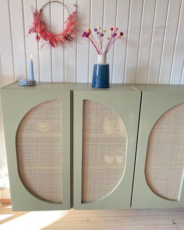 IKEA Ivar cabinet with cane paneling and half-moon cutouts