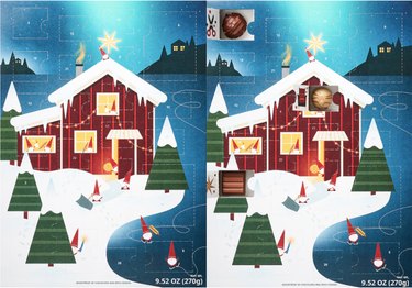 two photos of ikea advent calendar with a house on the front