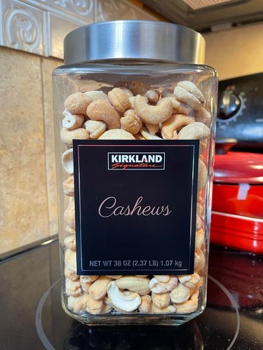 Cashews in glass jar from Costco Kirkland Signature