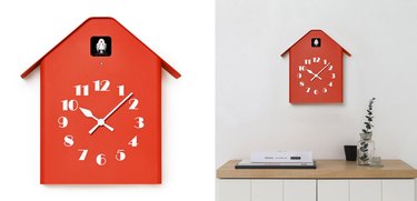 two photos of a red clock, photo on the right shows it above a side cabinet