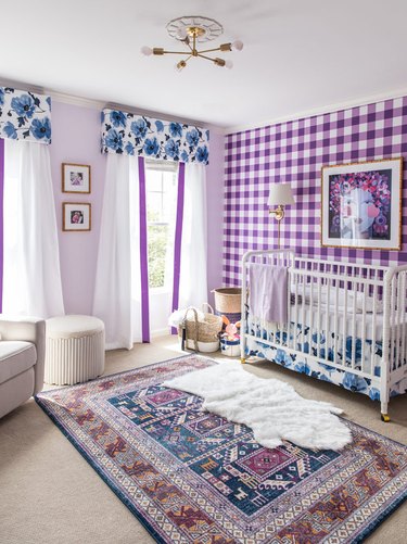 blue, blue-violet, and violet nursery with plaid wall