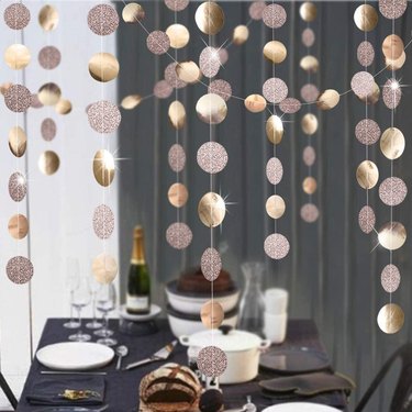 sparkly garlands hanging from ceiling