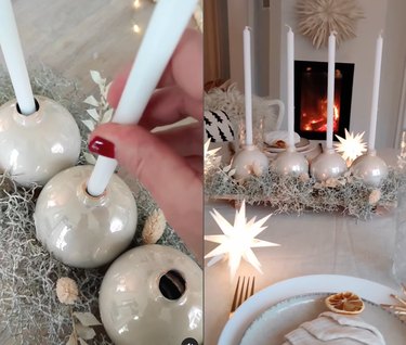 Split screen image of someone putting candle sticks into Christmas ornaments on the left and a candle holder of four candle sticks stuck into Christmas ornaments to the right