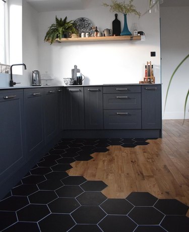 Black Tile and Wood Floor
