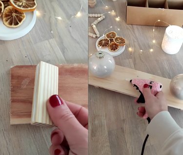 Split screen image of someone gluing a piece of wood onto another piece of wood on the left and someone hot-gluing Christmas ornaments to a piece of wood on the right
