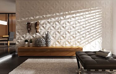 Wall with 3d tiles, table, vases, art, bench, rug.