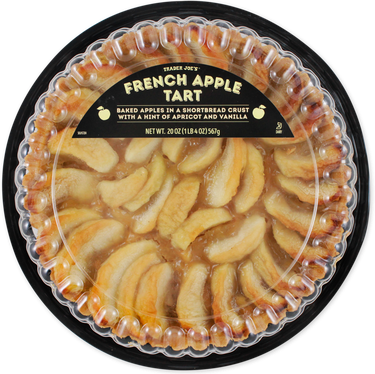 A Trader Joe's French Apple Tart. Yellow text against a black background reads, "Baked apples in a shortbread crust with a hint of apricot and vanilla"