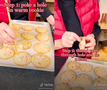 Split screen with hands poking holes in cookies on a tray on one side with the text "Step 1: poke a hole in warm cookie," and hands stringing yarn through a cookie with the text "Step 2: thread yarn through hole and tie a knot" on the other