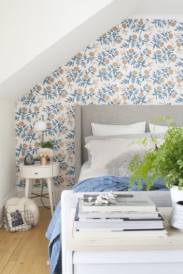 wallpaper in bedroom with slanted walls