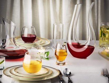 glasses and carafes on a dining table