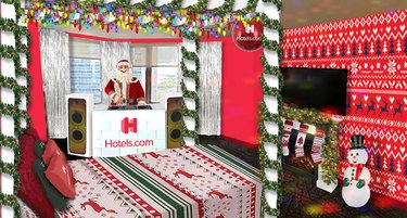 A Christmas-themed room with a canopy bed, snow man figurine, TV on the wall, and DJ santa
